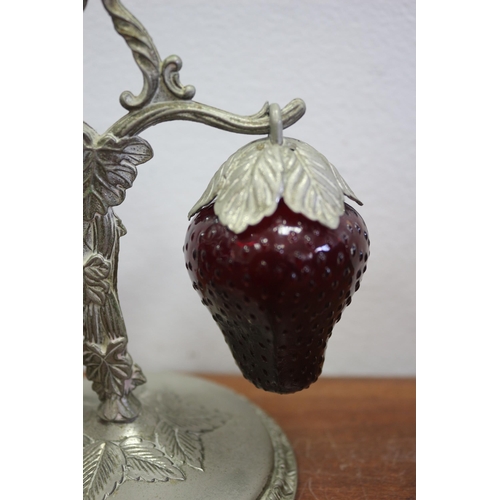 24 - Vintage Pewter Strawberry Plant Stand with Salt and Pepper Red Glass Strawberry Pots