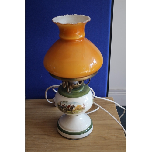 5 - Aged Converted Porcelain Oil Lamp with Unmarked Orange Scallop Edge Glass Shade - Hunting Scene Deco... 