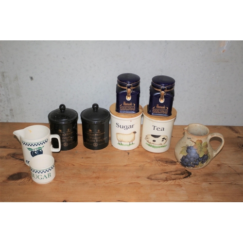 91 - Tea, Sugar , Coffee Pots including a Hornsea Jug and Sugar Bowl plus Harrods Blue Containers with Pr... 