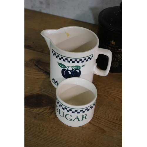 91 - Tea, Sugar , Coffee Pots including a Hornsea Jug and Sugar Bowl plus Harrods Blue Containers with Pr... 