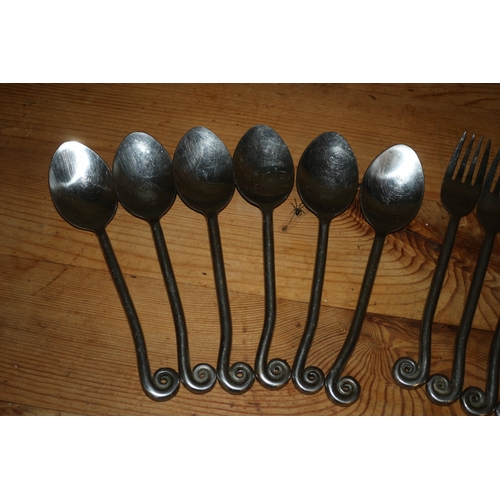 92 - Unusual Set of 6 Knives, Forks and Spoons with Swirl Ended Metal Handles - Good Balanced Weight