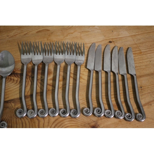 92 - Unusual Set of 6 Knives, Forks and Spoons with Swirl Ended Metal Handles - Good Balanced Weight