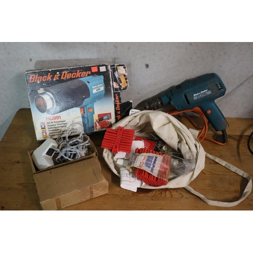 99 - Black and Decker Heat Gun, Corded Drill plus Bag with Bits plus a Vintage Lamp Holder in Box