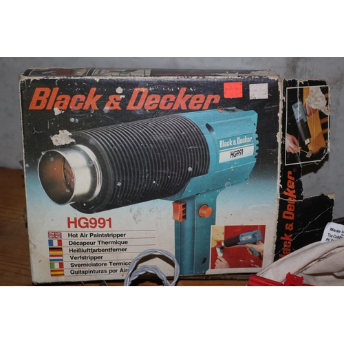 99 - Black and Decker Heat Gun, Corded Drill plus Bag with Bits plus a Vintage Lamp Holder in Box