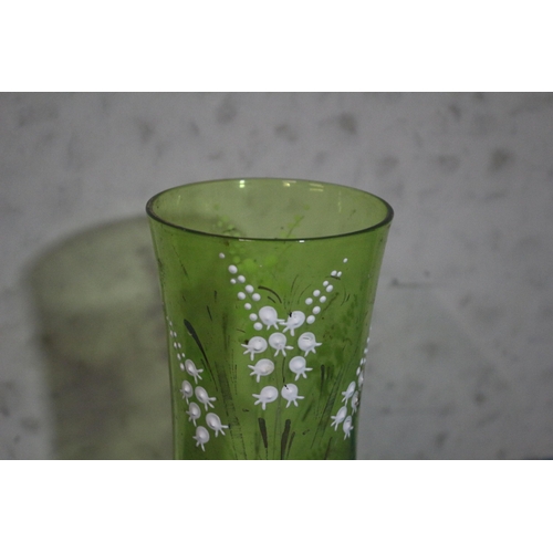 133 - Believed to be a Mary Gregory Green Glass Vase with White Enamelled Floral Patterning - 14.5cm