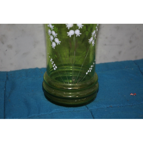 133 - Believed to be a Mary Gregory Green Glass Vase with White Enamelled Floral Patterning - 14.5cm