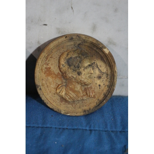 150 - 2 x Small Antique Plaster Circular Plaques one Depicting either a Roman or Greek Bust of a Gentleman... 