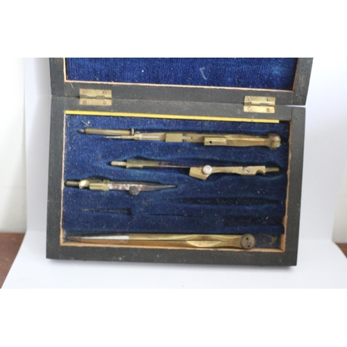 160 - Vintage Boxed Geometry Set , (not complete), with Brass Plate to top of box