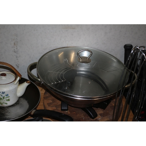 186 - Large Quantity of Stainless Steel Kitchenware plus Various Crockery - Also includes an Electric Wok