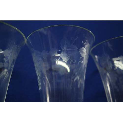 253 - 3 x Tall Champagne Flute Glasses with Grape Vine Etching - 25cm