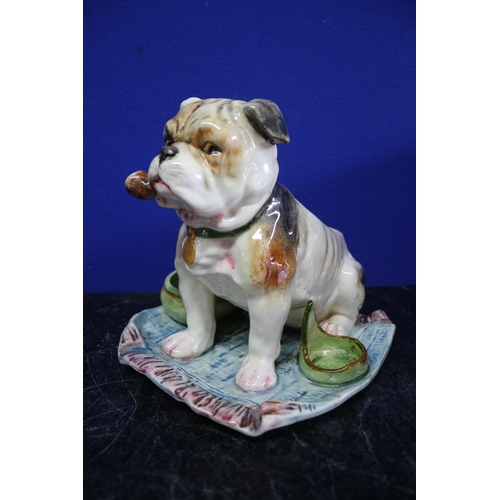 13 - A Rare Vintage Majolica Pipe Stand in the Form of a Bulldog - 17cm Tall