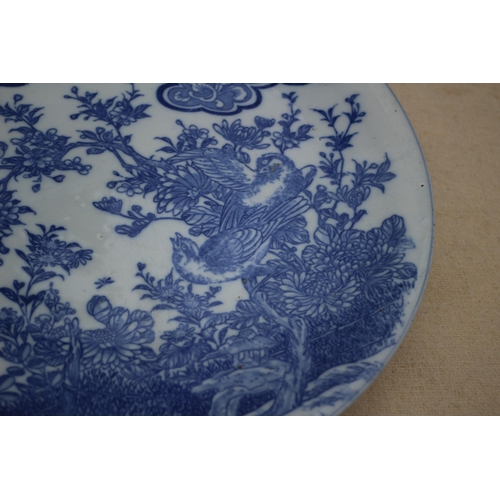 38 - Antique Japanese Arita Blue and White Charger Depicting Birds and Blossom