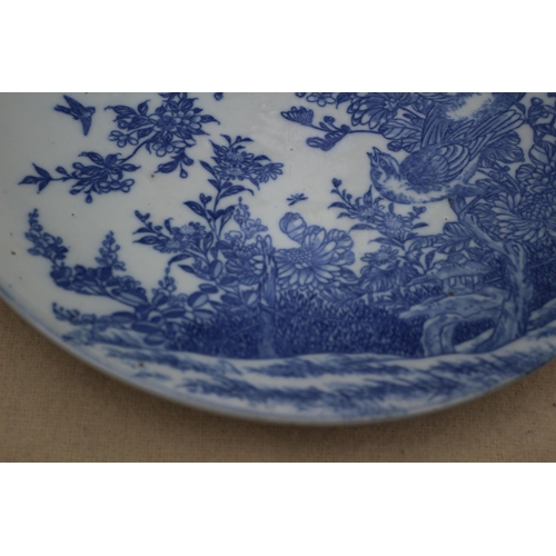 38 - Antique Japanese Arita Blue and White Charger Depicting Birds and Blossom