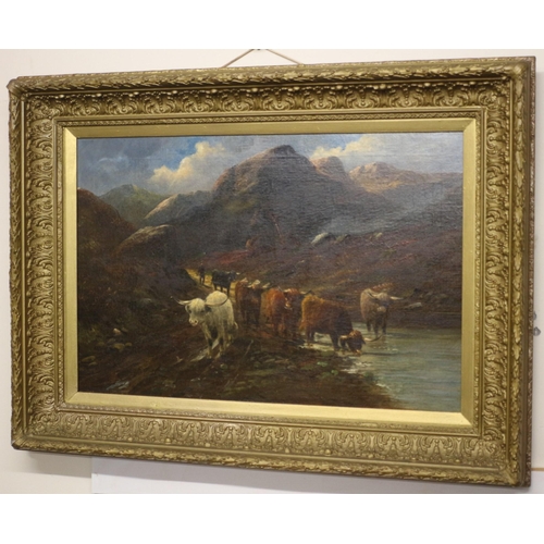 51 - Large 19th Century English School Oil on Canvas of Highland Cattle Scene - Indistinguishably Signed ... 