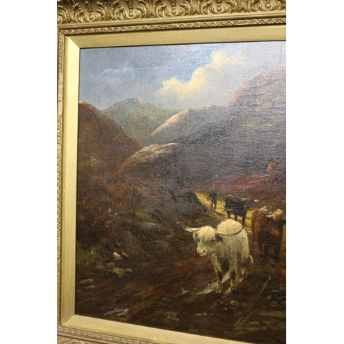 51 - Large 19th Century English School Oil on Canvas of Highland Cattle Scene - Indistinguishably Signed ... 