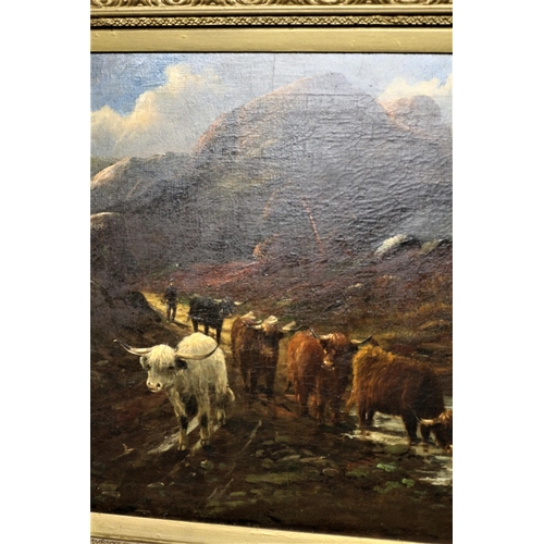 51 - Large 19th Century English School Oil on Canvas of Highland Cattle Scene - Indistinguishably Signed ... 