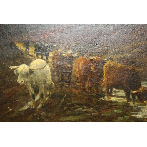 51 - Large 19th Century English School Oil on Canvas of Highland Cattle Scene - Indistinguishably Signed ... 