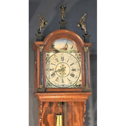 53 - Circa 1880 Dutch Wall Clock with Hand Painted Dial and Figurine Finials