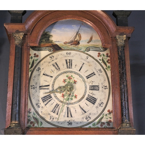 53 - Circa 1880 Dutch Wall Clock with Hand Painted Dial and Figurine Finials