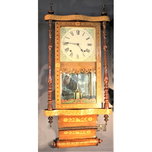 54 - Circa 1900 American Inlaid Wall Clock with Beautiful Marquetry and Scroll Effect Bottom Section - Tu... 