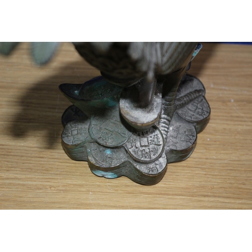 223 - Heavy Bronze of a Chinese Cockerel Standing on Coins - Symbolising Good Fortune - 27cm Tall