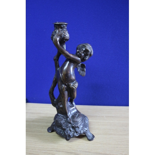 231 - Beautiful Bronze Cherub Candlestick - 29cm Tall