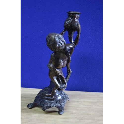 231 - Beautiful Bronze Cherub Candlestick - 29cm Tall