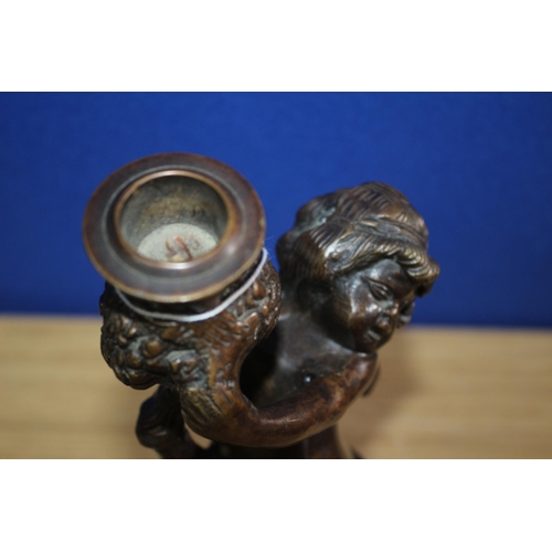 231 - Beautiful Bronze Cherub Candlestick - 29cm Tall