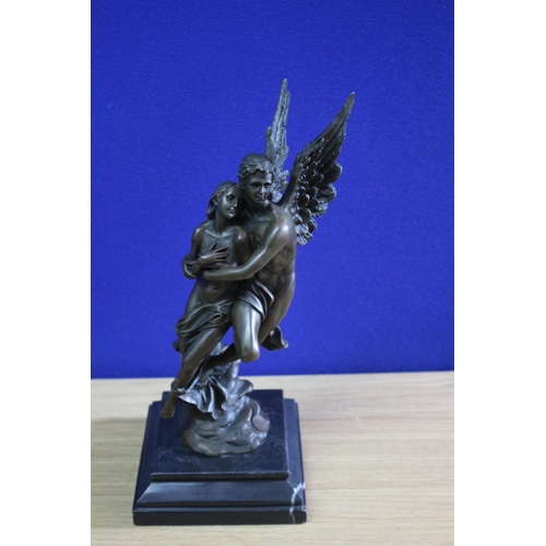 232 - Nice Bronze Figure of Winged Eros Standing on a Marble Base Carrying a Woman - Signed to the Base Ta... 