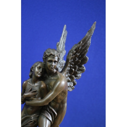 232 - Nice Bronze Figure of Winged Eros Standing on a Marble Base Carrying a Woman - Signed to the Base Ta... 