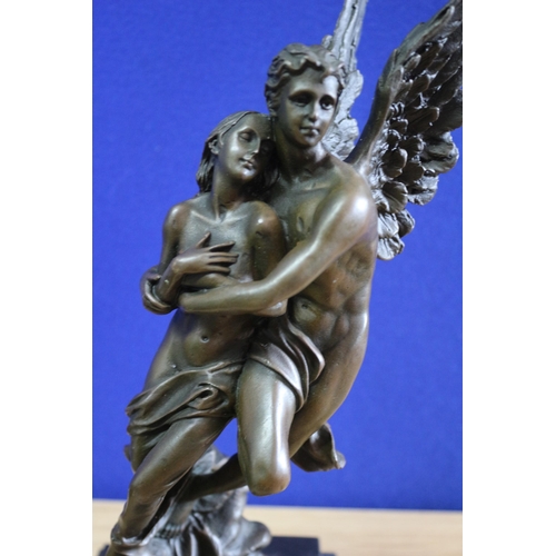 232 - Nice Bronze Figure of Winged Eros Standing on a Marble Base Carrying a Woman - Signed to the Base Ta... 