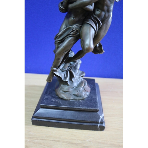 232 - Nice Bronze Figure of Winged Eros Standing on a Marble Base Carrying a Woman - Signed to the Base Ta... 