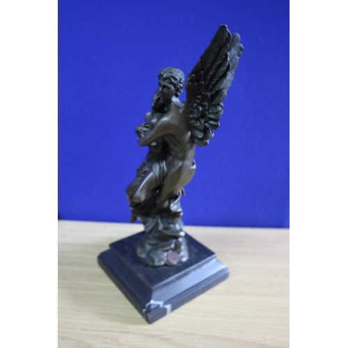 232 - Nice Bronze Figure of Winged Eros Standing on a Marble Base Carrying a Woman - Signed to the Base Ta... 