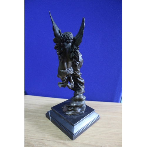 232 - Nice Bronze Figure of Winged Eros Standing on a Marble Base Carrying a Woman - Signed to the Base Ta... 