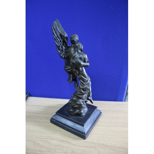 232 - Nice Bronze Figure of Winged Eros Standing on a Marble Base Carrying a Woman - Signed to the Base Ta... 