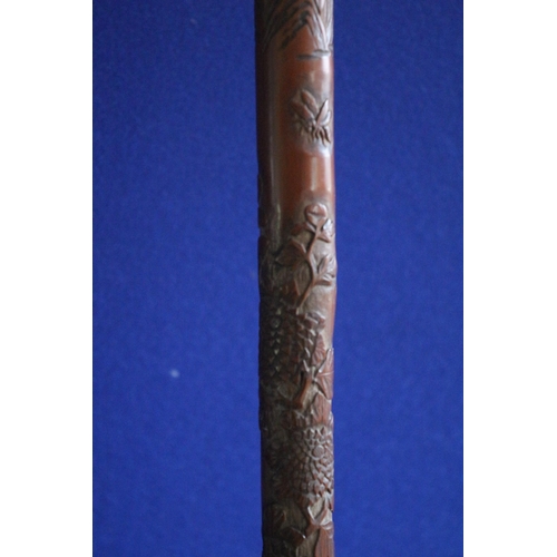 239 - 19th Century Japanese Highly Carved Walking Stick - Decorated with Birds, Flowers and Bee