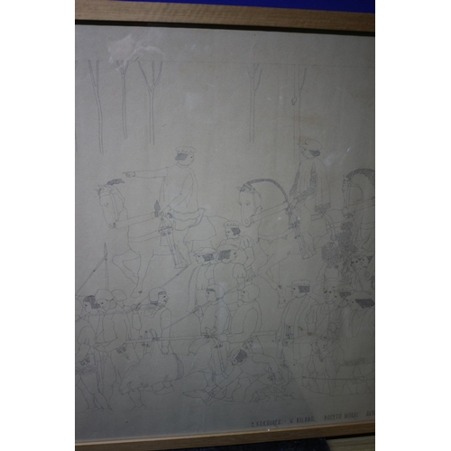 241 - Original Signed Italian Mural Pencil Sketch 1833 - 95 x 66cm - Framed and Glazed