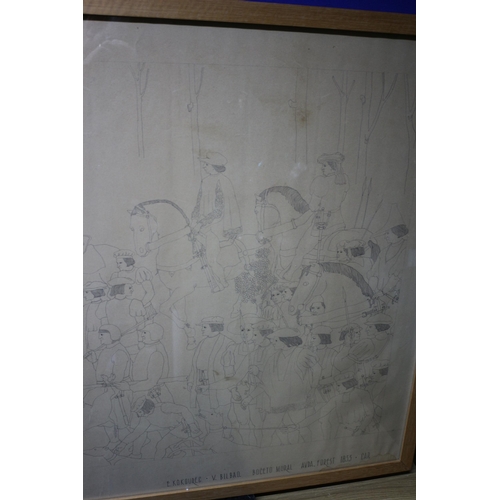 241 - Original Signed Italian Mural Pencil Sketch 1833 - 95 x 66cm - Framed and Glazed