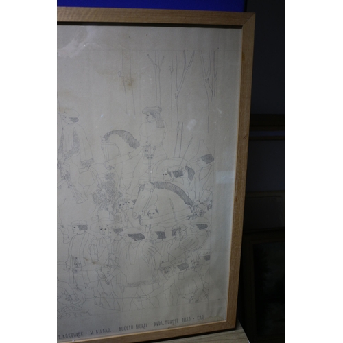 241 - Original Signed Italian Mural Pencil Sketch 1833 - 95 x 66cm - Framed and Glazed