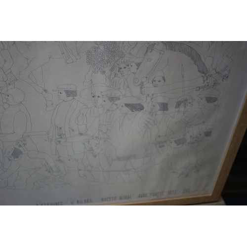 241 - Original Signed Italian Mural Pencil Sketch 1833 - 95 x 66cm - Framed and Glazed