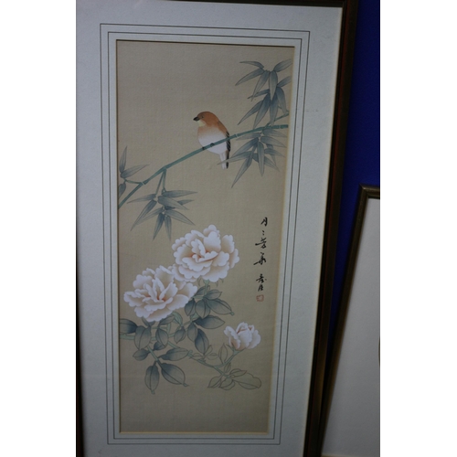 244 - 3 x Vintage Chinese Ink and Watercolours on Silk - Framed and Glazed - 38 x 38cm and 61 x 31.5cm