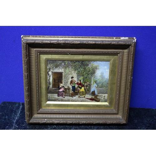 249 - Small Antique Oil Painting on Board of Spanish People - Nicely Framed - 30 x 25cm