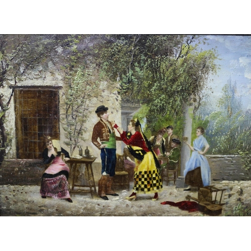 249 - Small Antique Oil Painting on Board of Spanish People - Nicely Framed - 30 x 25cm