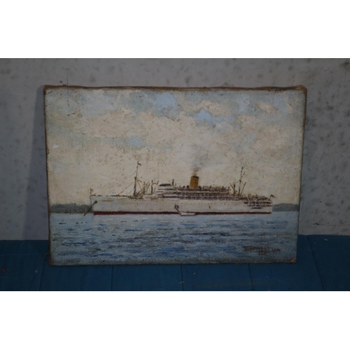 271 - Original Oil on Hessian of a Ship by Morgan Arthur Thornley - 1963 - 36 x 26cm