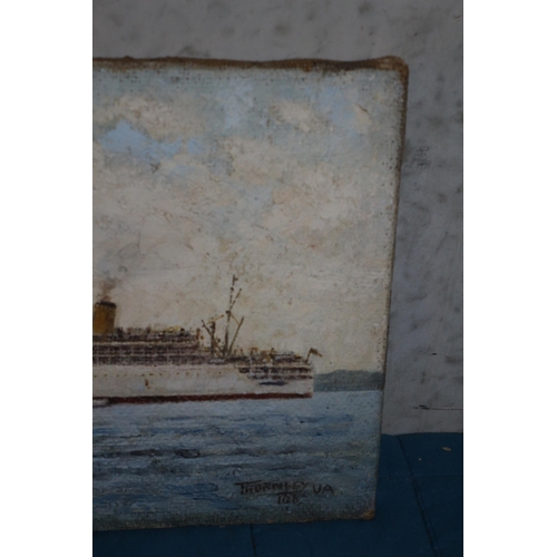 271 - Original Oil on Hessian of a Ship by Morgan Arthur Thornley - 1963 - 36 x 26cm