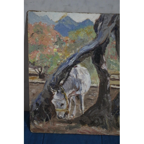 278 - Oil on Board Original Painting by Morgan Arthur Thornley - Horse by Tree - 30 x 21.5cm