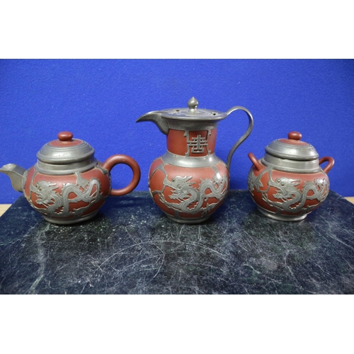 15 - 3 x Chinese Yixing Clay Pottery and Pewter Items including Teapot, Water Jug and Sugar Pot - All Wit... 