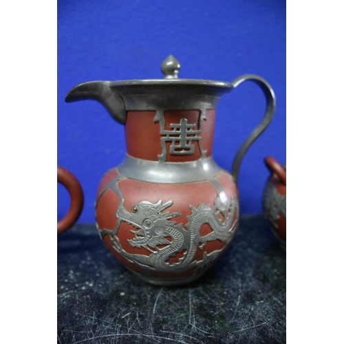 15 - 3 x Chinese Yixing Clay Pottery and Pewter Items including Teapot, Water Jug and Sugar Pot - All Wit... 