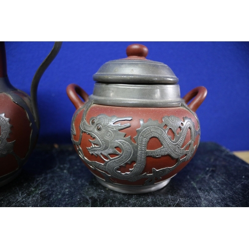 15 - 3 x Chinese Yixing Clay Pottery and Pewter Items including Teapot, Water Jug and Sugar Pot - All Wit... 