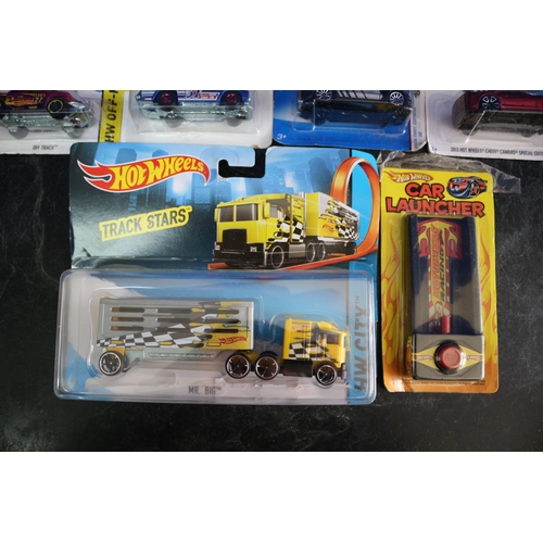 96 - 4 x Large Card Backed Hot Wheels Die Cast Vehicles plus Lorry Track Stars and Hot Wheels Car Launche... 